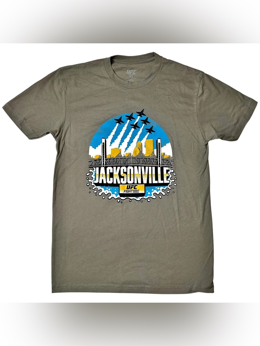 🔥UFC Jacksonville Graphic Tee in Olive Green with Blue and Yellow Print